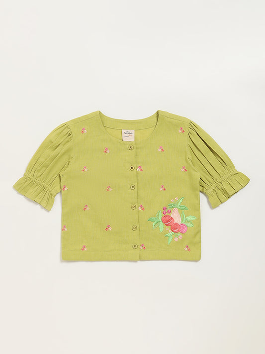 Utsa Kids Green Button-Up Floral Cotton Blend Top (8 -14yrs)