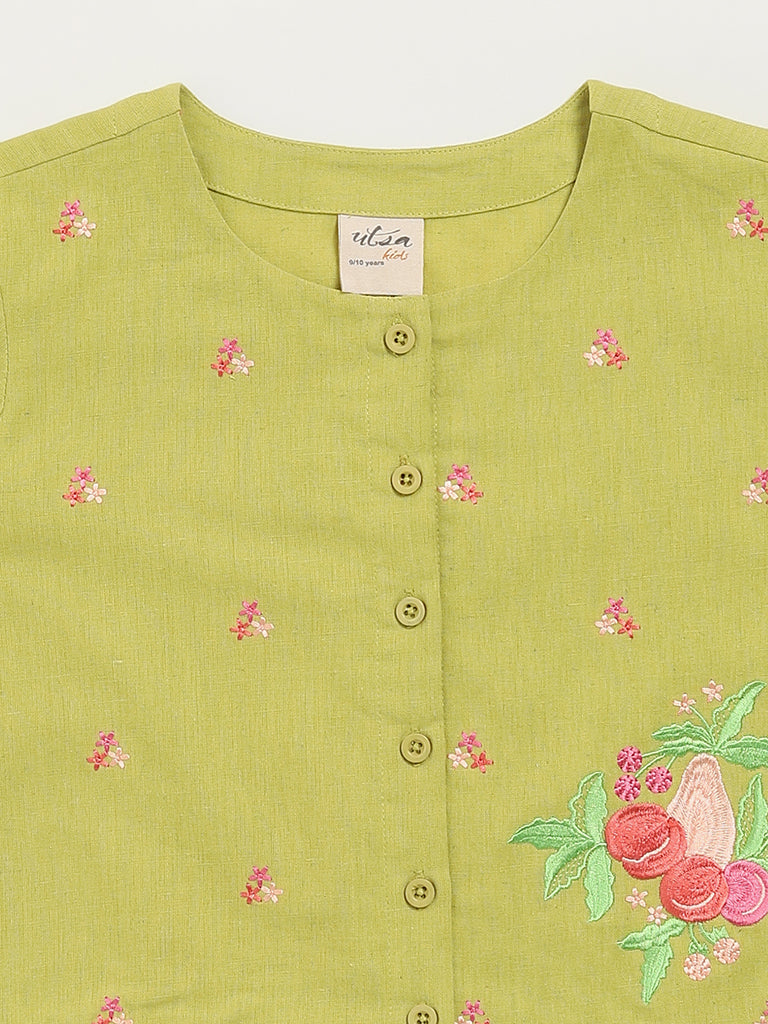 Utsa Kids Green Button-Up Floral Cotton Blend Top (8 -14yrs)