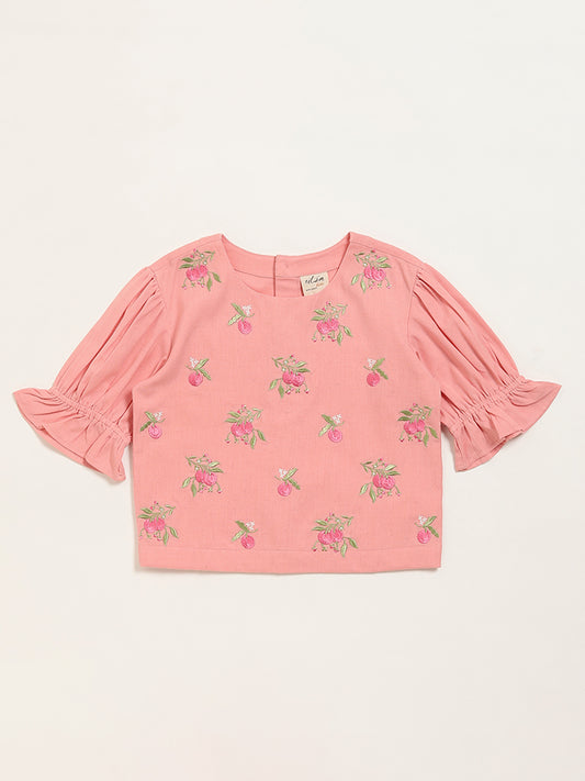 Utsa Kids Peach Floral Embroidered Cotton Blend Top (8 -14yrs)