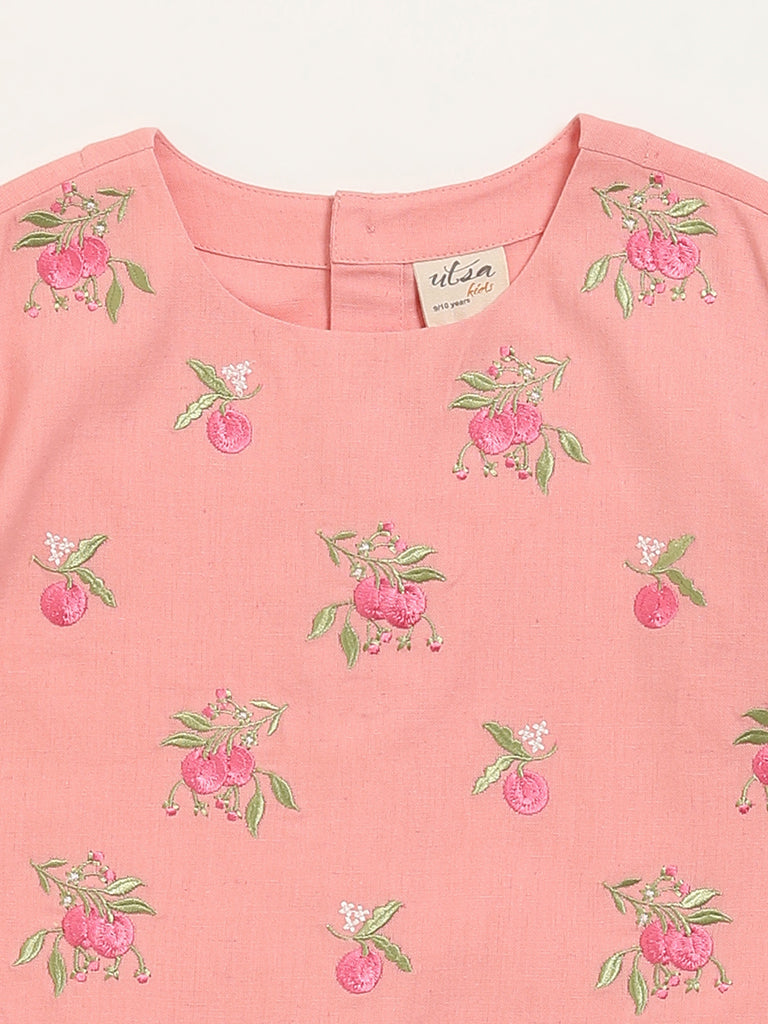 Utsa Kids Peach Floral Embroidered Cotton Blend Top (8 -14yrs)