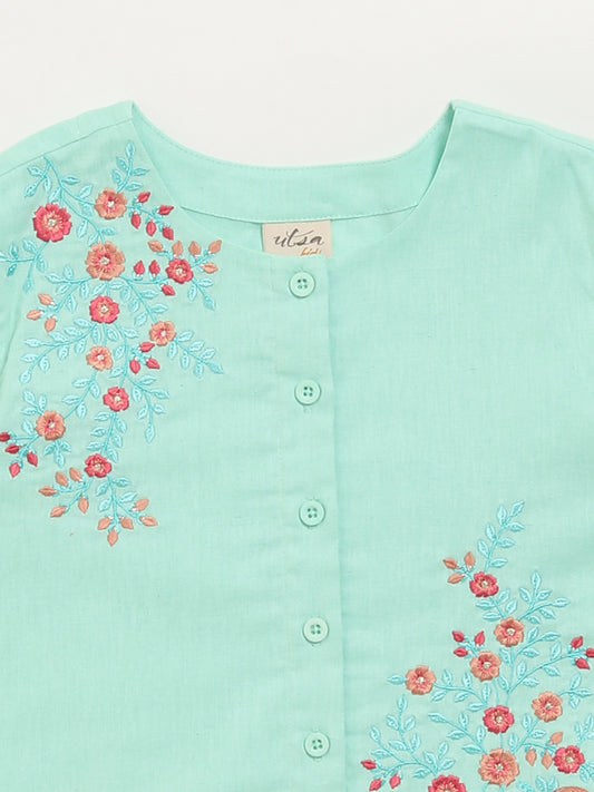 Utsa Kids Blue Button-Up Floral Cotton Blend Top (8 -14yrs)