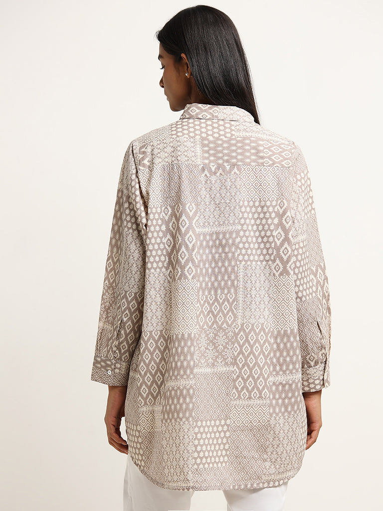 Utsa Beige Printed Patchwork Cotton Tunic