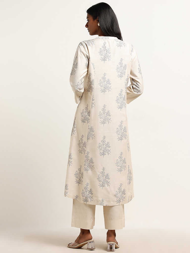 Zuba Off-White Floral Printed A-Line Kurta