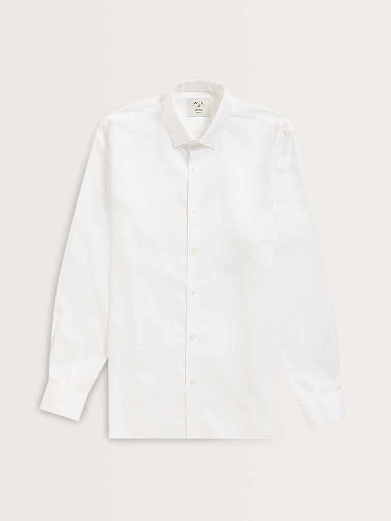 WES Formals Solid White Cotton Slim Fit Shirt