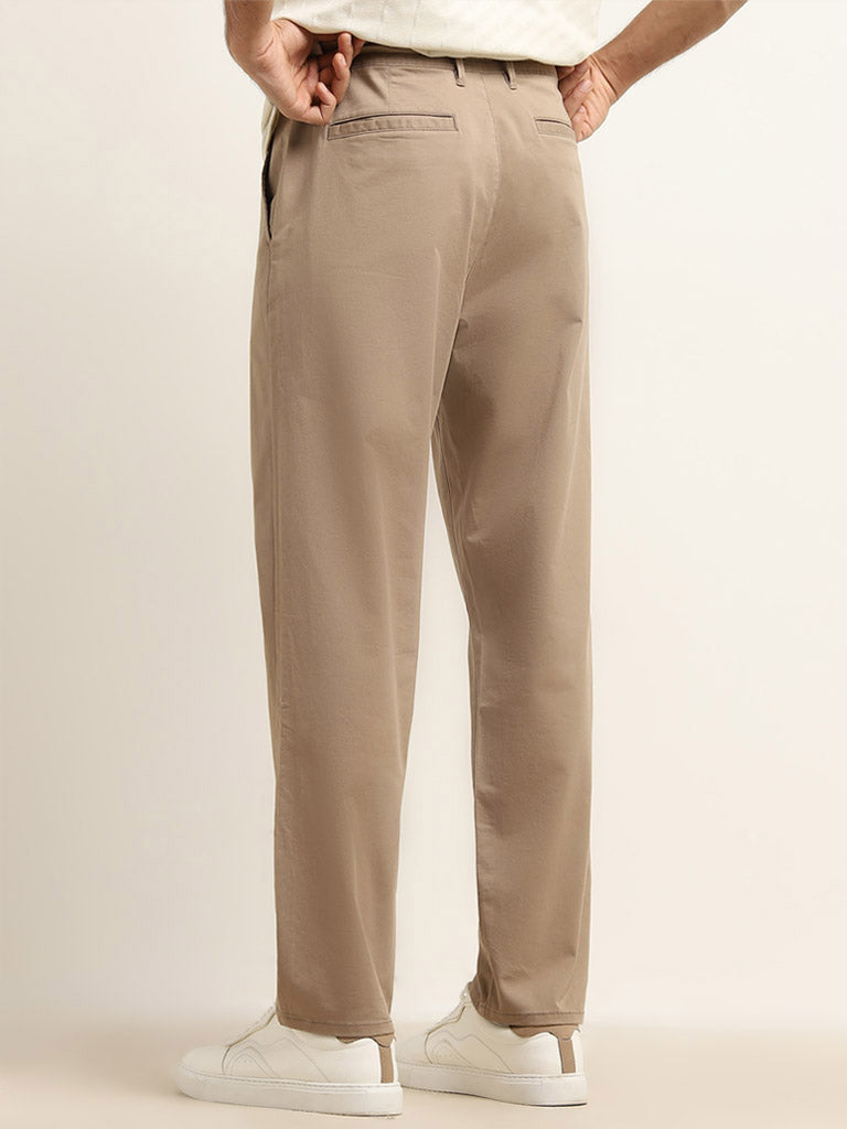 WES Casuals Taupe Relaxed-Fit Mid-Rise Cotton Blend Chinos