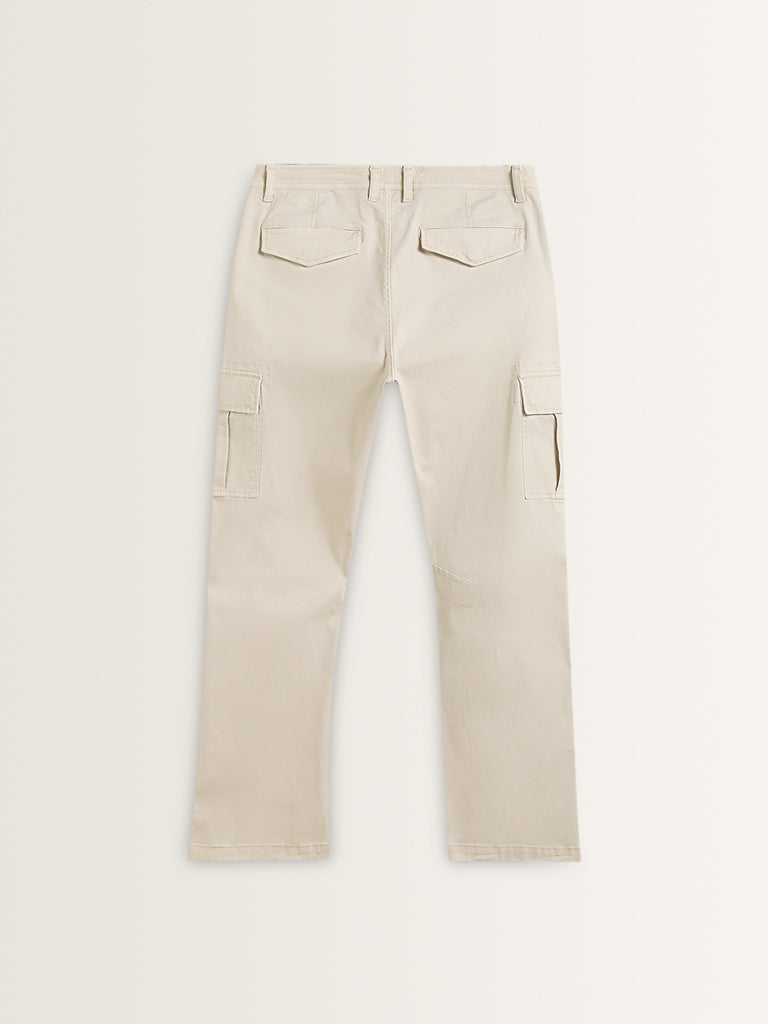 WES Casuals Off-White Cargo-Style Cotton Blend Relaxed Fit Trousers