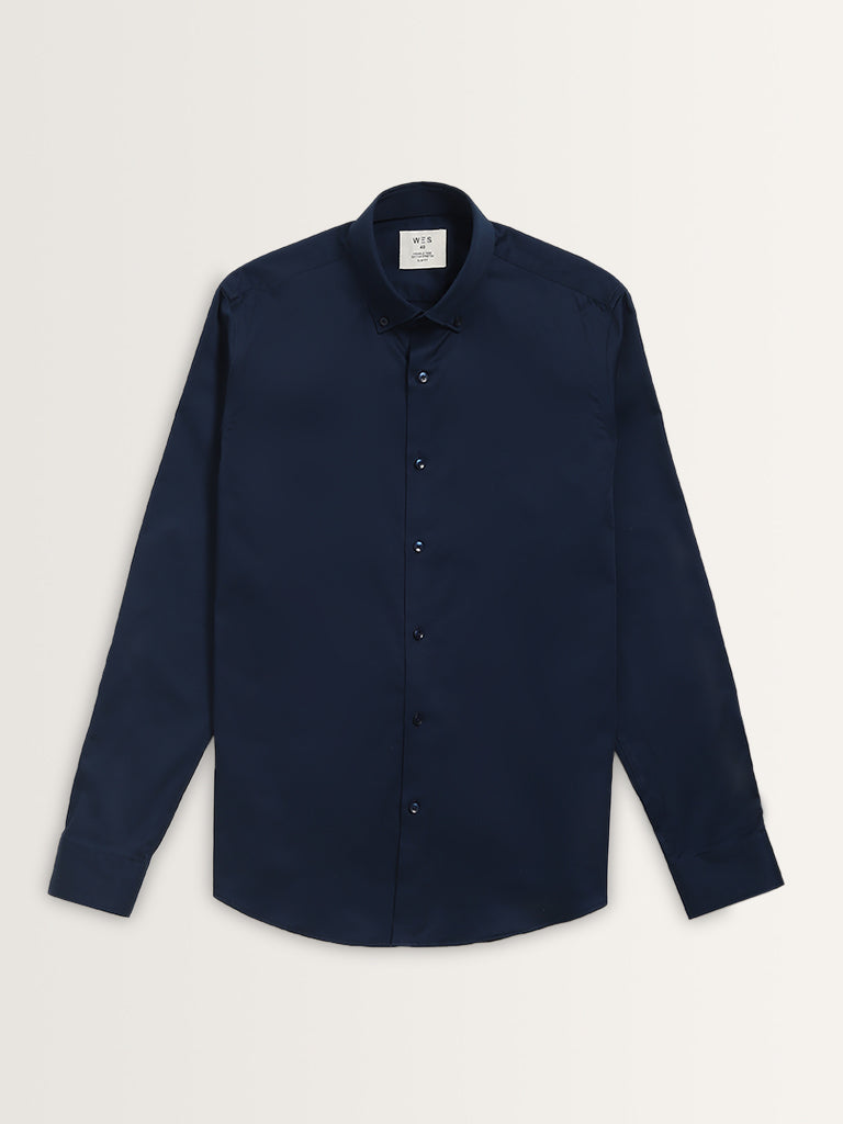 WES Formals Indigo Solid Cotton Blend Slim Fit Shirt