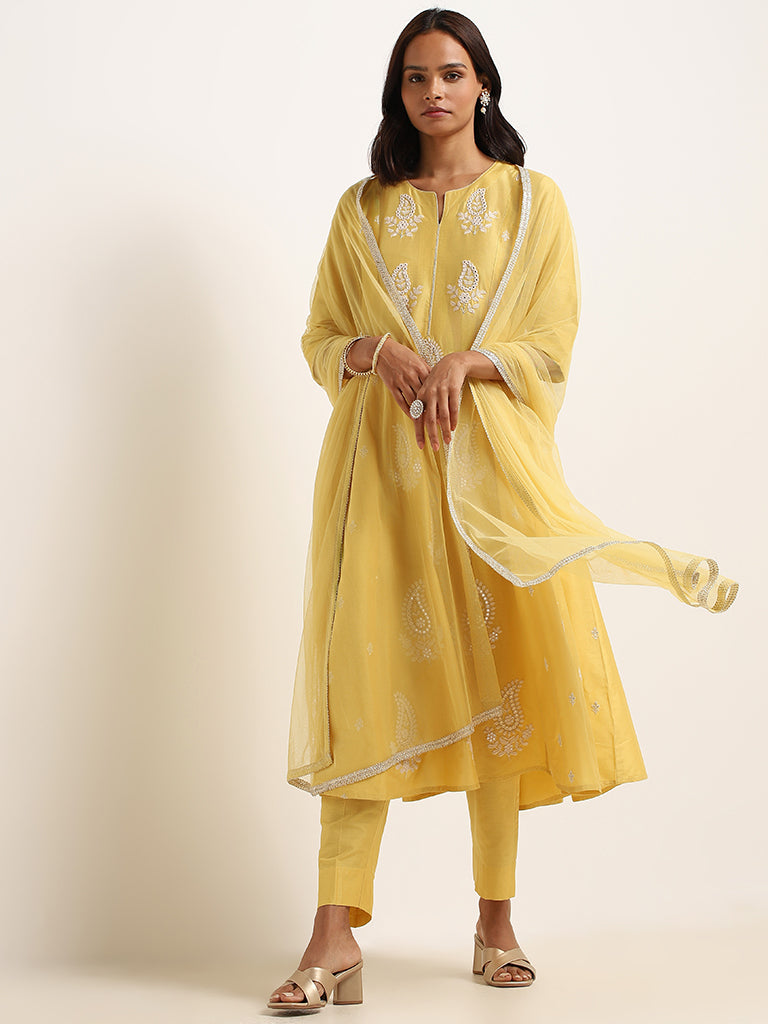 Vark Yellow Embroidered Kurta Set