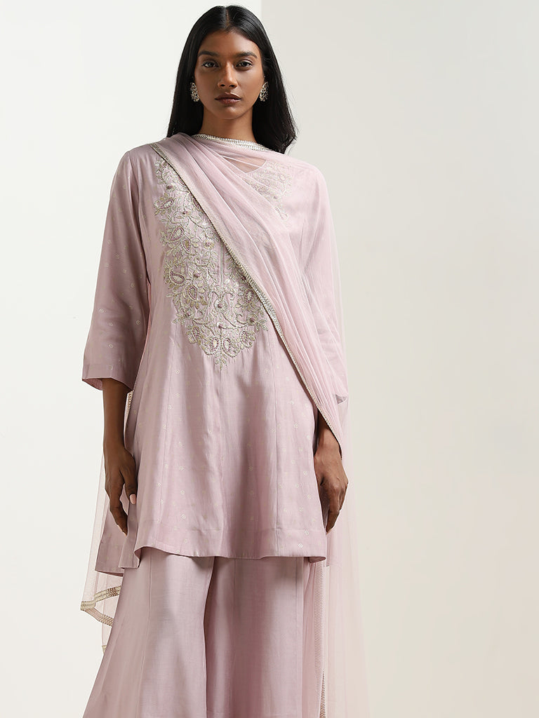 Vark Lilac Floral Embroidered A-Line Kurti, Palazzos & Dupatta Set