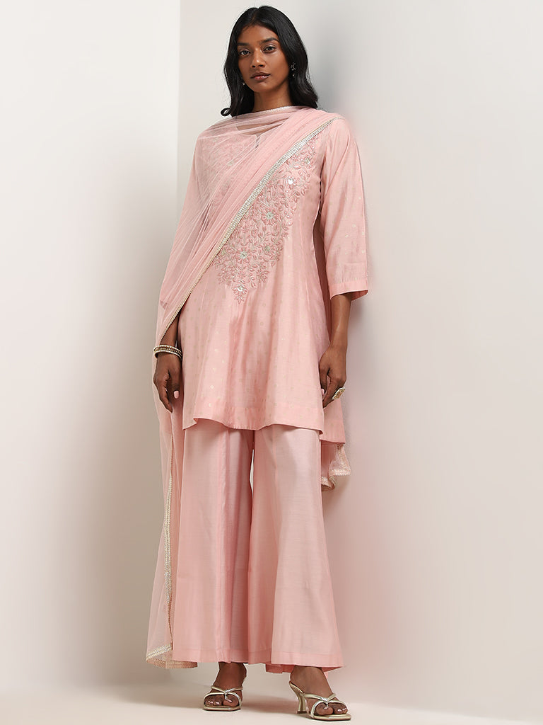 Vark Light Pink Floral Embroidered A-line Kurti, Palazzos and Dupatta Set