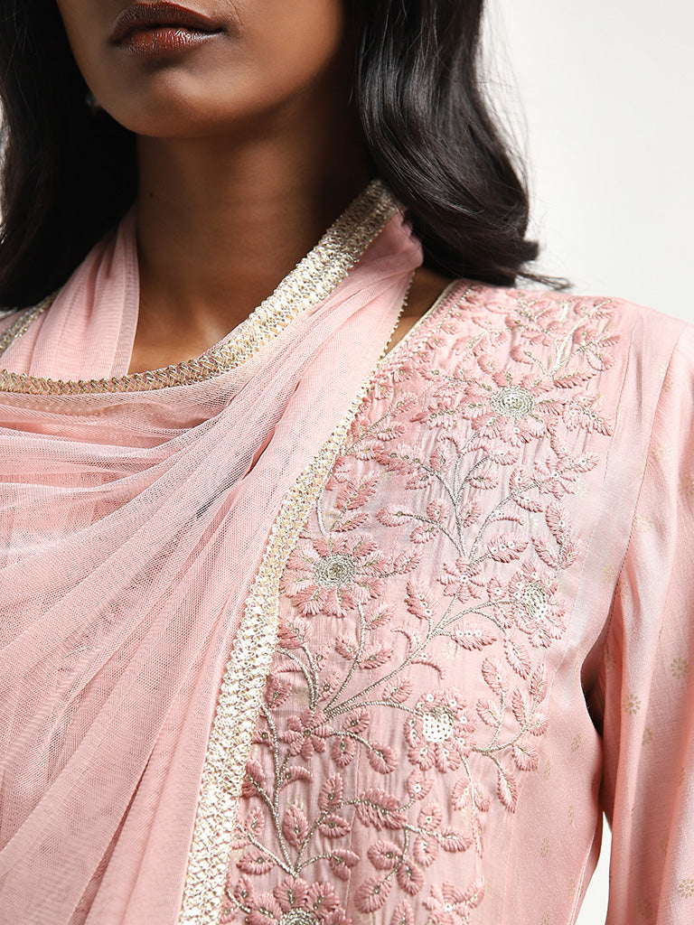 Vark Light Pink Floral Embroidered A-line Kurti, Palazzos and Dupatta Set