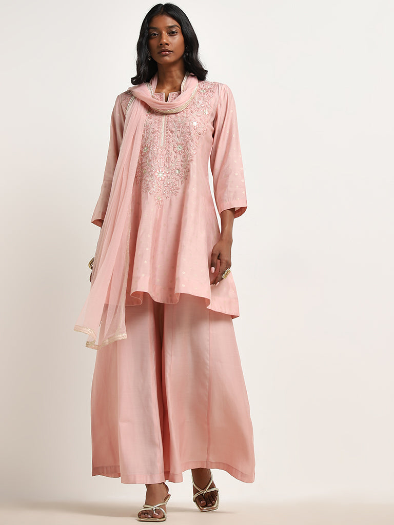 Vark Light Pink Floral Embroidered A-line Kurti, Palazzos and Dupatta Set