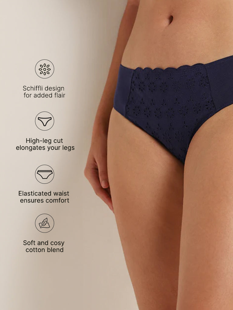 Wunderlove Navy Broiderie Cotton-Blend High-Leg Brief