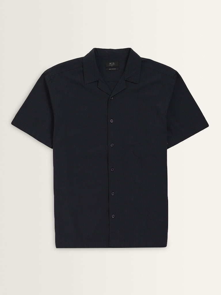 WES Casuals Navy Textured Cotton Relaxed Fit Shirt