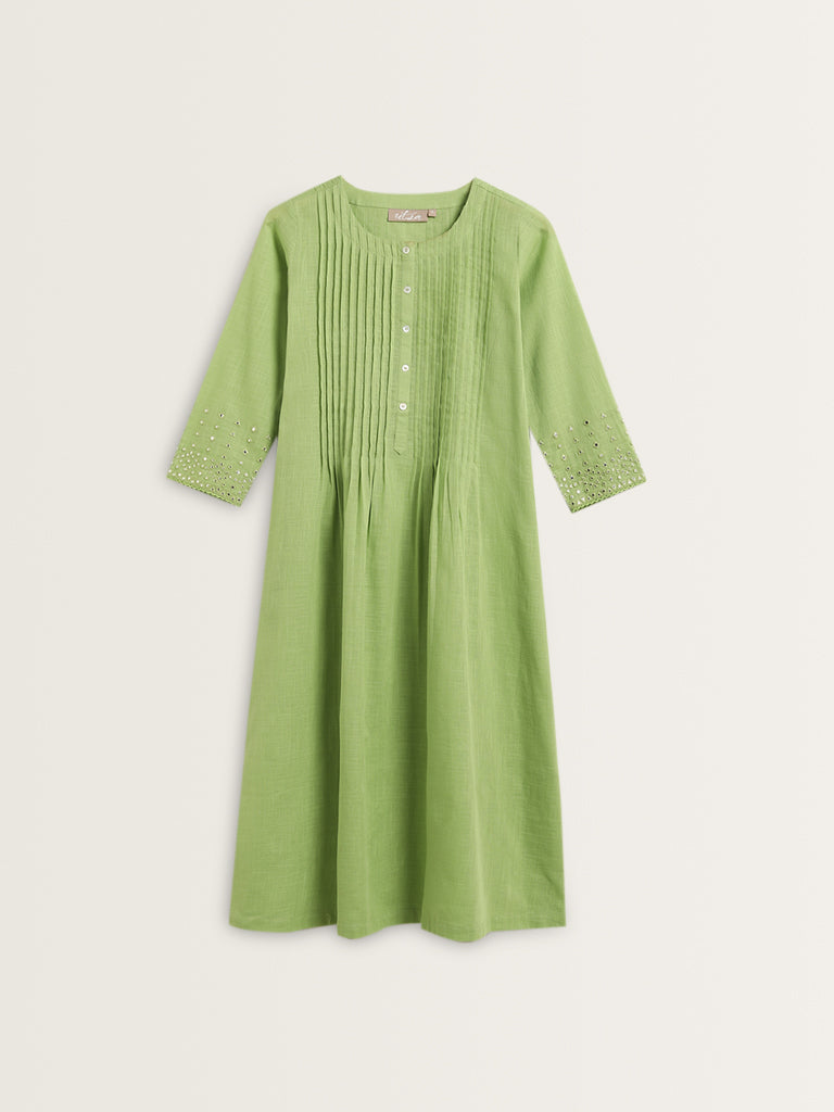 Utsa Green Pintuck Detailed Cotton A-Line Kurta