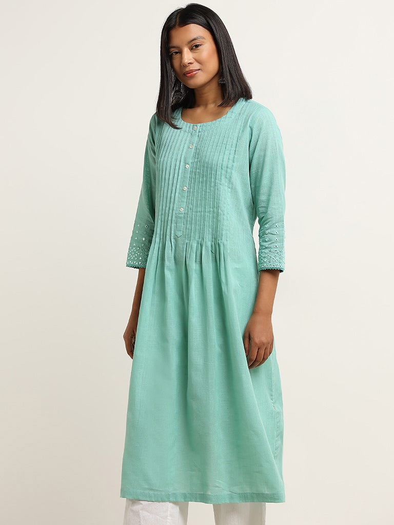 Utsa Turquoise Pintuck Design A-Line Cotton Kurta