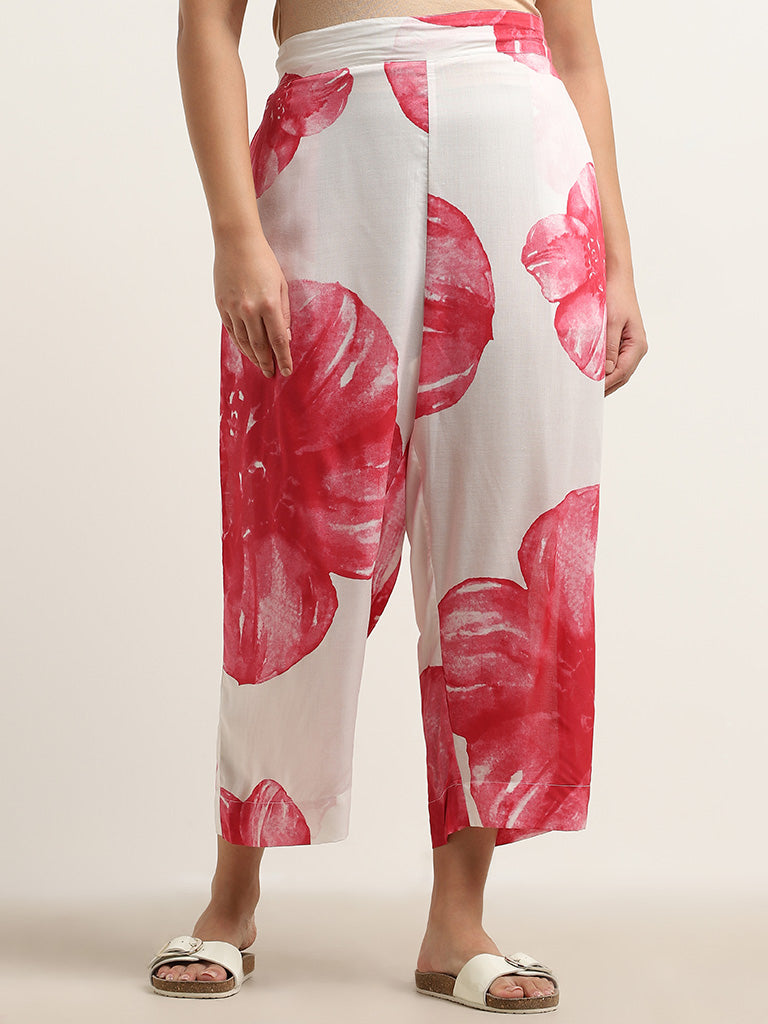 Diza Red Floral Printed High-Rise Palazzos