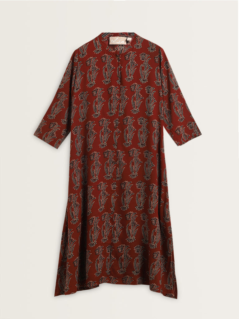 Utsa Maroon Straight Fit Printed Kurta