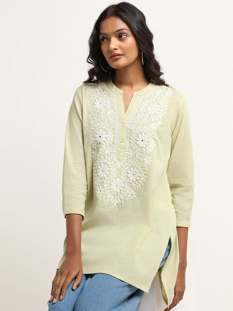 Utsa Green Floral Linen Chikankari Kurti