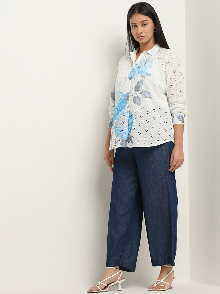 Diza Blue Floral Schiffli Design Straight Cotton Tunic