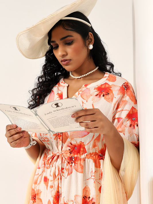 Gia Orange Floral Print Blended Linen Maxi Dress
