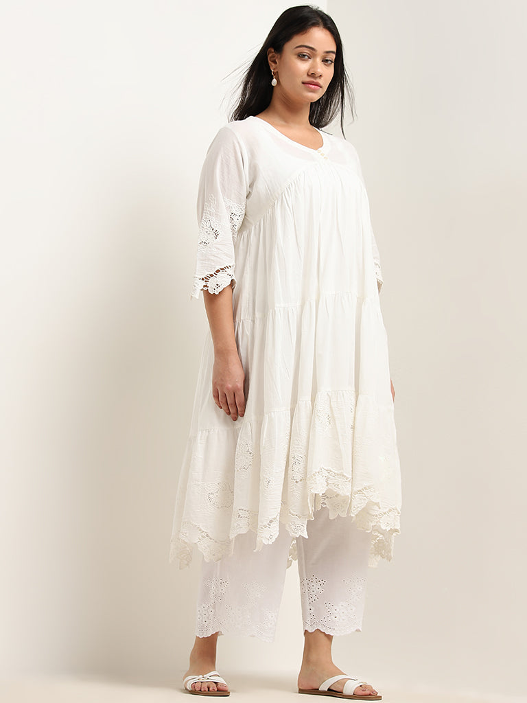 Diza White Floral Embroidered Fit-and-Flare Cotton Kurta