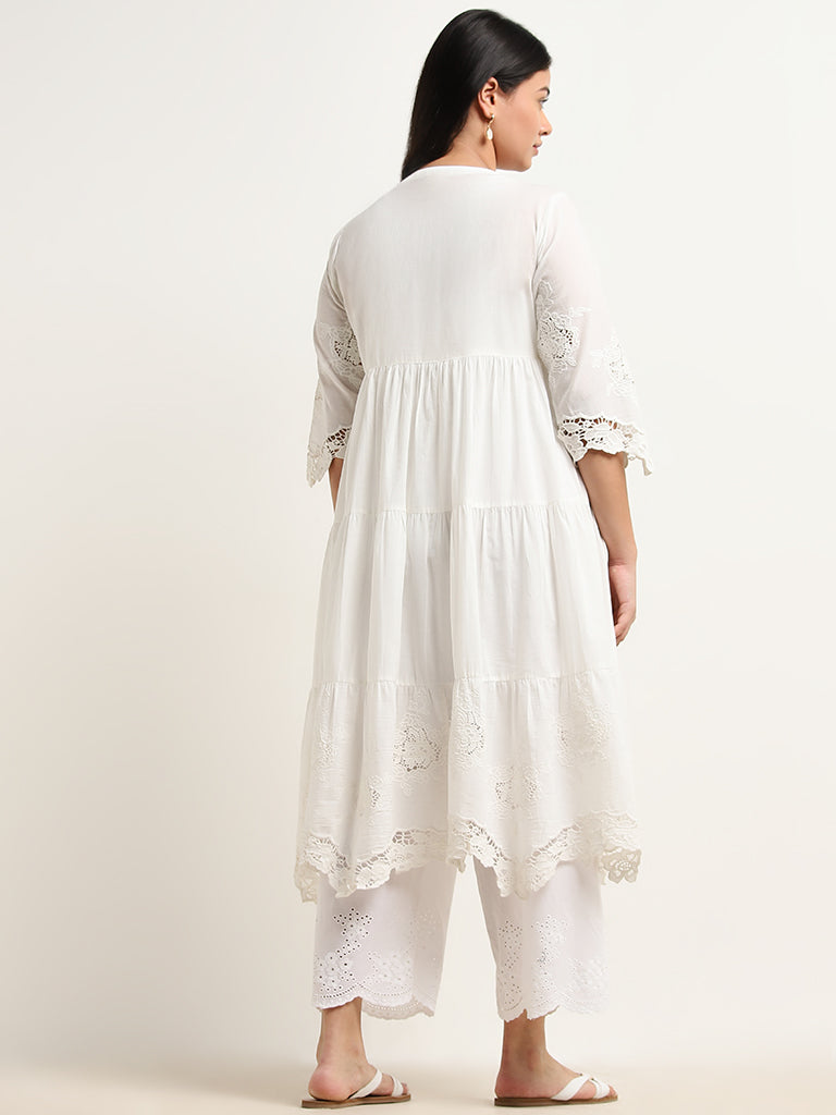Diza White Floral Embroidered Fit-and-Flare Cotton Kurta