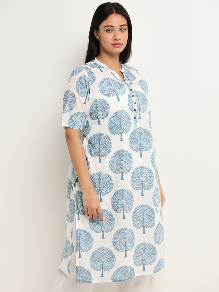 Diza Blue Foliage Printed Straight Cotton Kurta