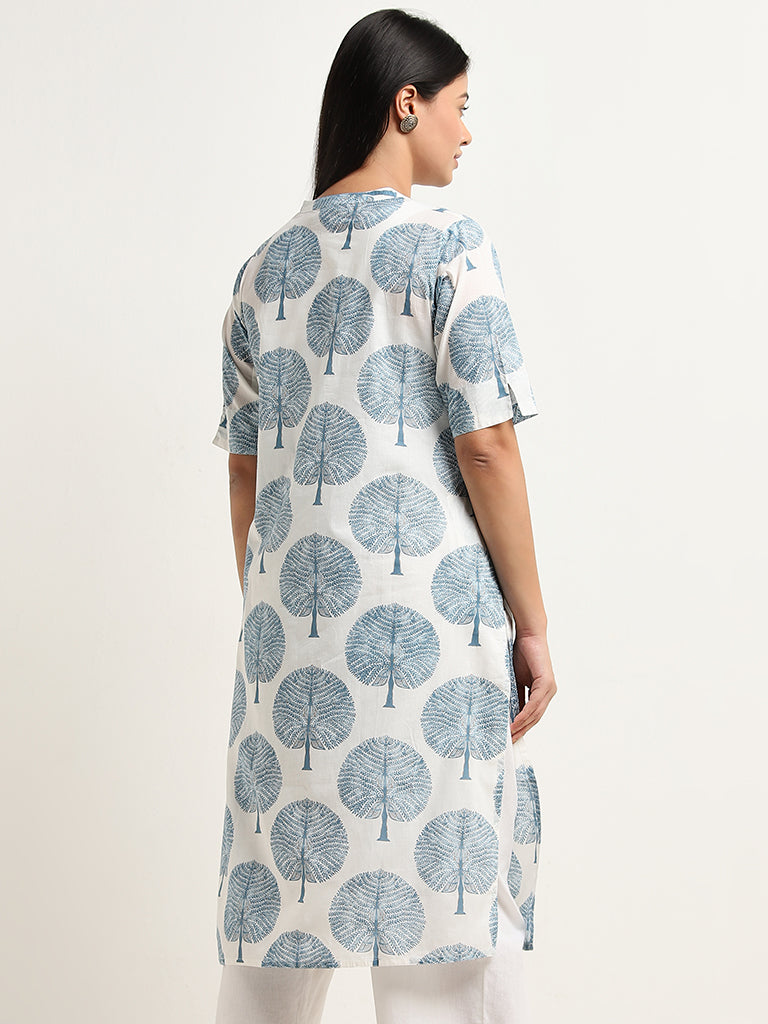 Diza Blue Foliage Printed Straight Cotton Kurta