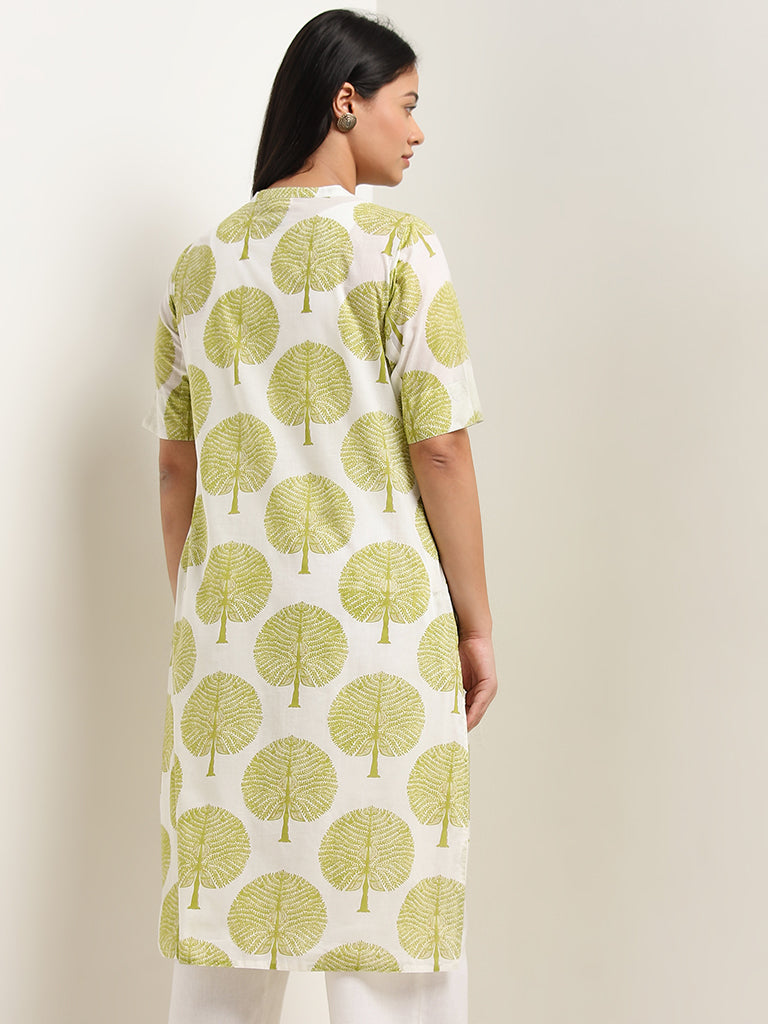 Diza Lime Foliage Printed Straight Cotton Kurta