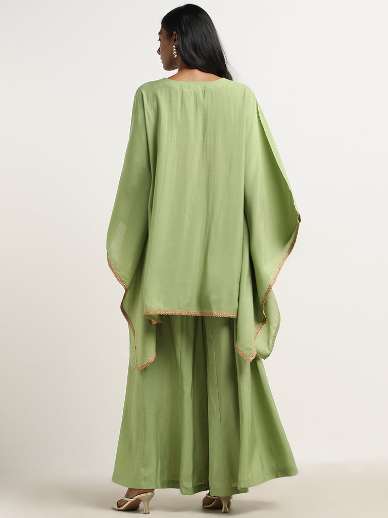 Vark Green Embellished Kaftan with Mid-Rise Palazzos Set