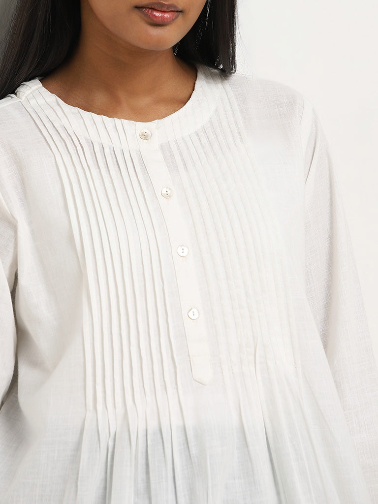 Utsa White Pintuck Detailed A-Line Cotton Tunic