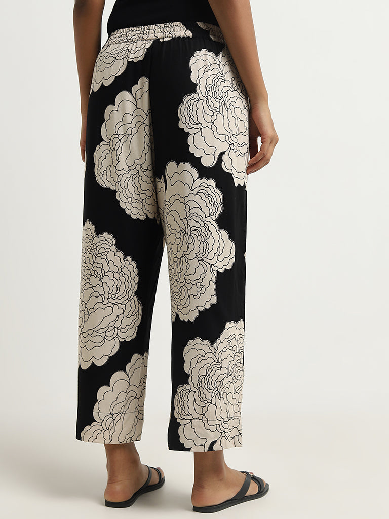 Utsa Black Floral Printed High-Rise Palazzos