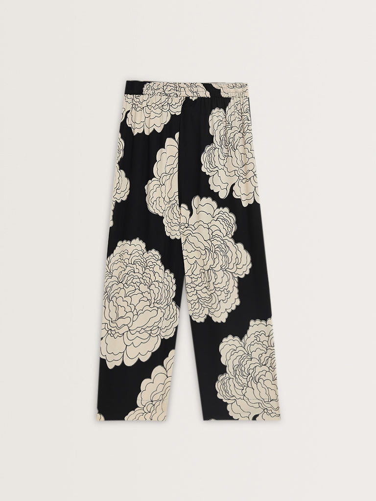 Utsa Black Floral Printed High-Rise Palazzos