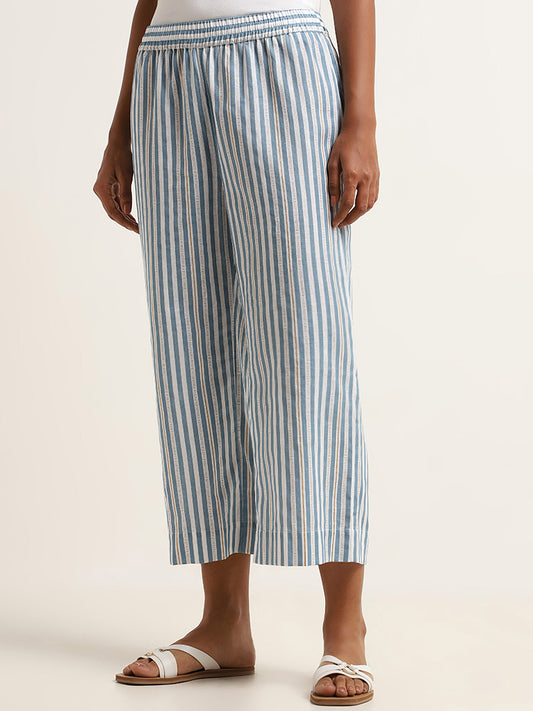 Utsa Blue Striped Cotton Blend Pants