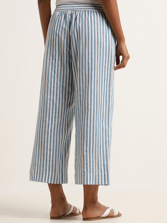 Utsa Blue Striped Cotton Blend Pants