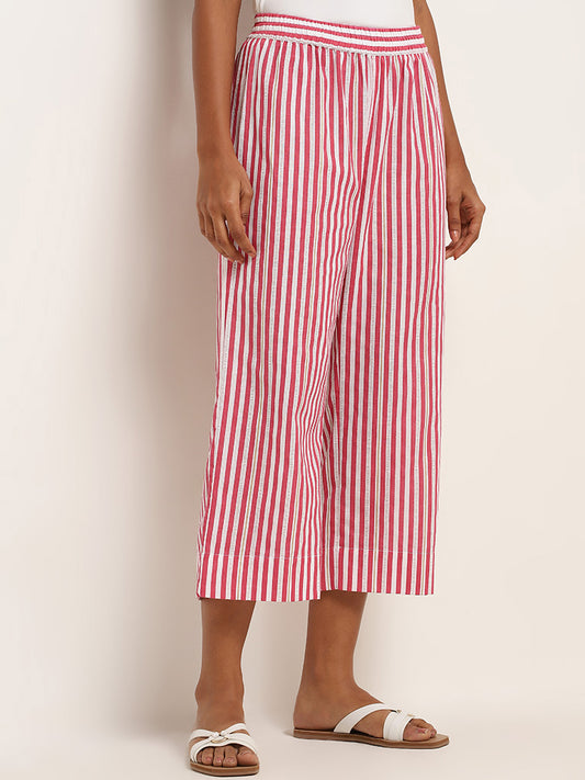 Utsa Pink Striped Cotton Blend Pants