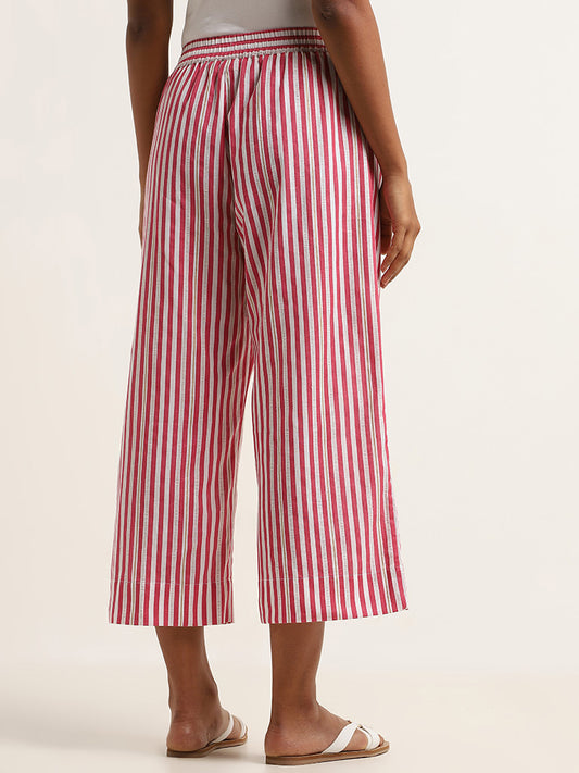 Utsa Pink Striped Cotton Blend Pants