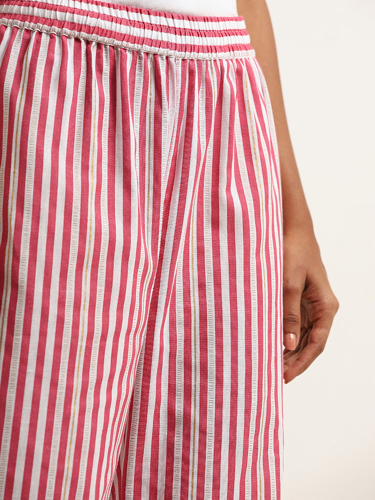 Utsa Pink Striped Cotton Blend Pants