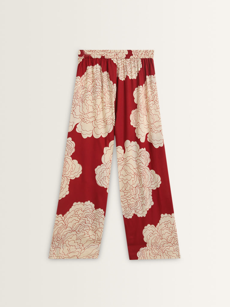 Utsa Red Floral Design High-Rise Palazzos