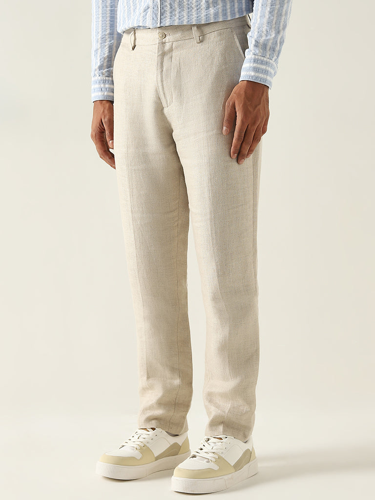 Ascot Solid Beige Mid Rise Relaxed Fit Linen Chinos