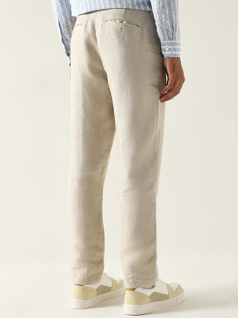 Ascot Solid Beige Mid Rise Relaxed Fit Linen Chinos