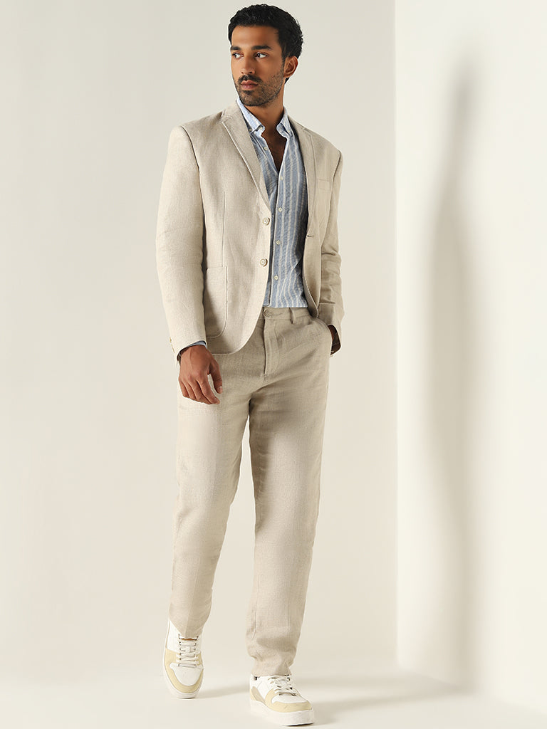 Ascot Solid Beige Mid Rise Relaxed Fit Linen Chinos