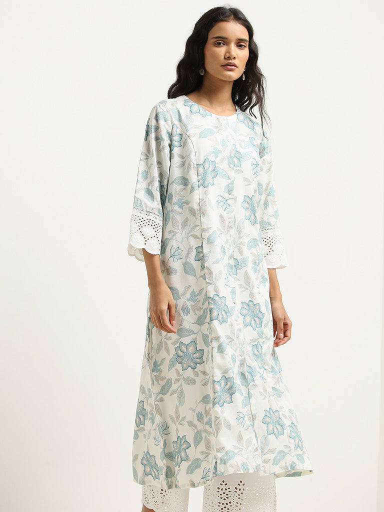 Utsa Blue Floral Printed A-line Cotton Kurta