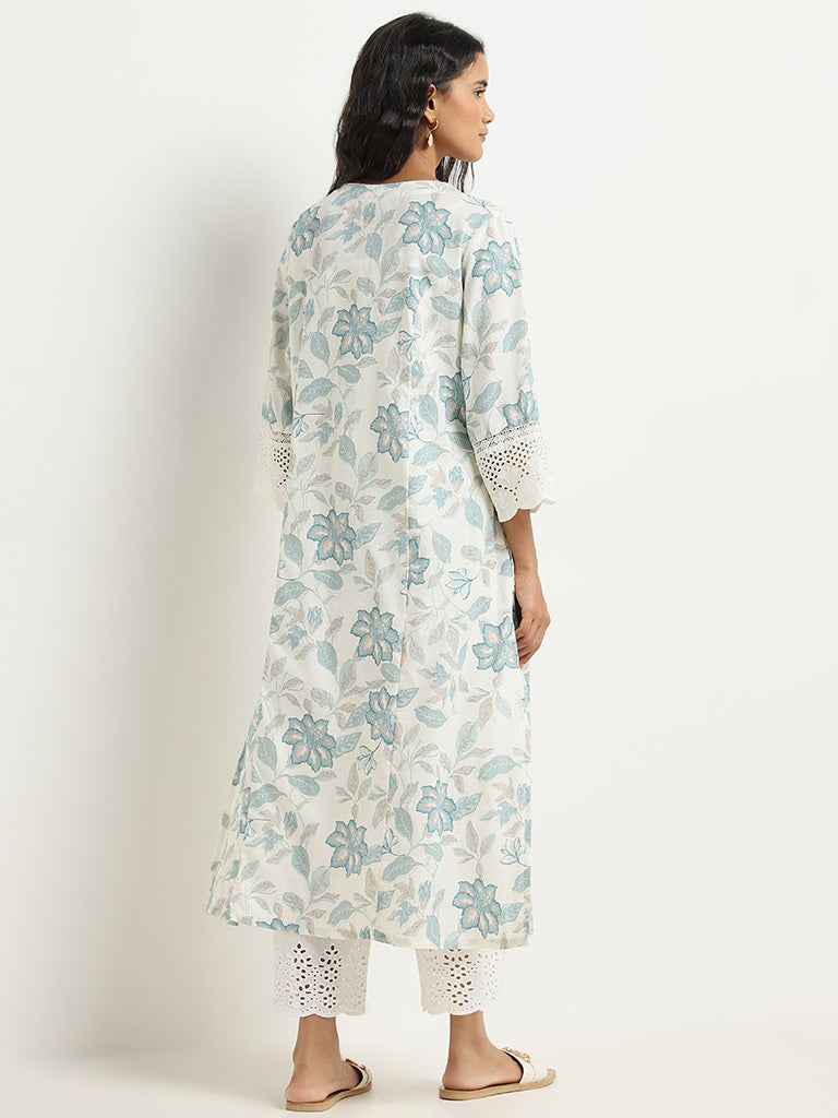 Utsa Blue Floral Printed A-line Cotton Kurta