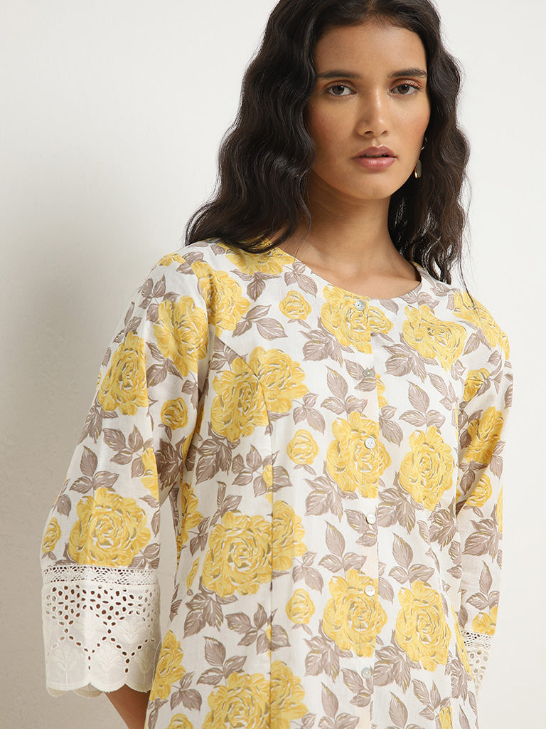 Utsa Yellow Floral Printed A-line Cotton Kurta