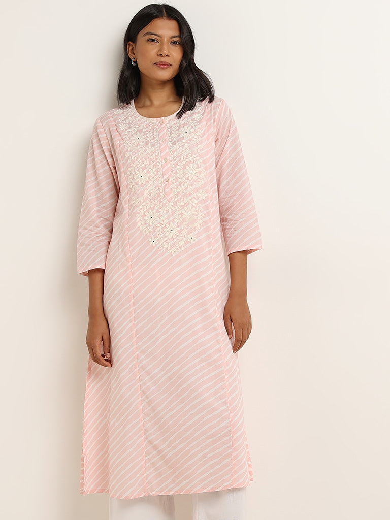 Utsa Pink Cotton A-line Chikankari Kurta