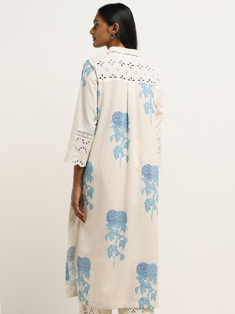 Utsa Blue Floral Print A-Line Cotton Blend Kurta