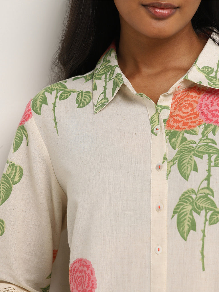 Utsa Pink Floral Pattern A-Line Cotton Blend Kurta