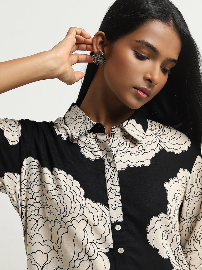 Utsa Black Floral Printed A-Line Kurta